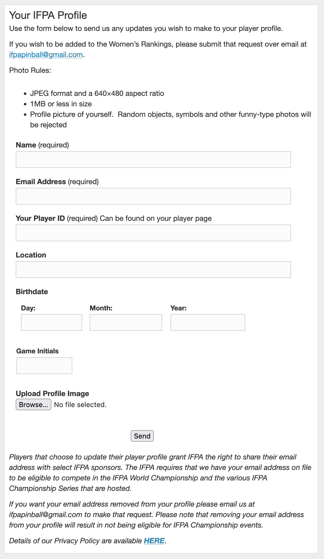 Screenshot of IFPA Profile form