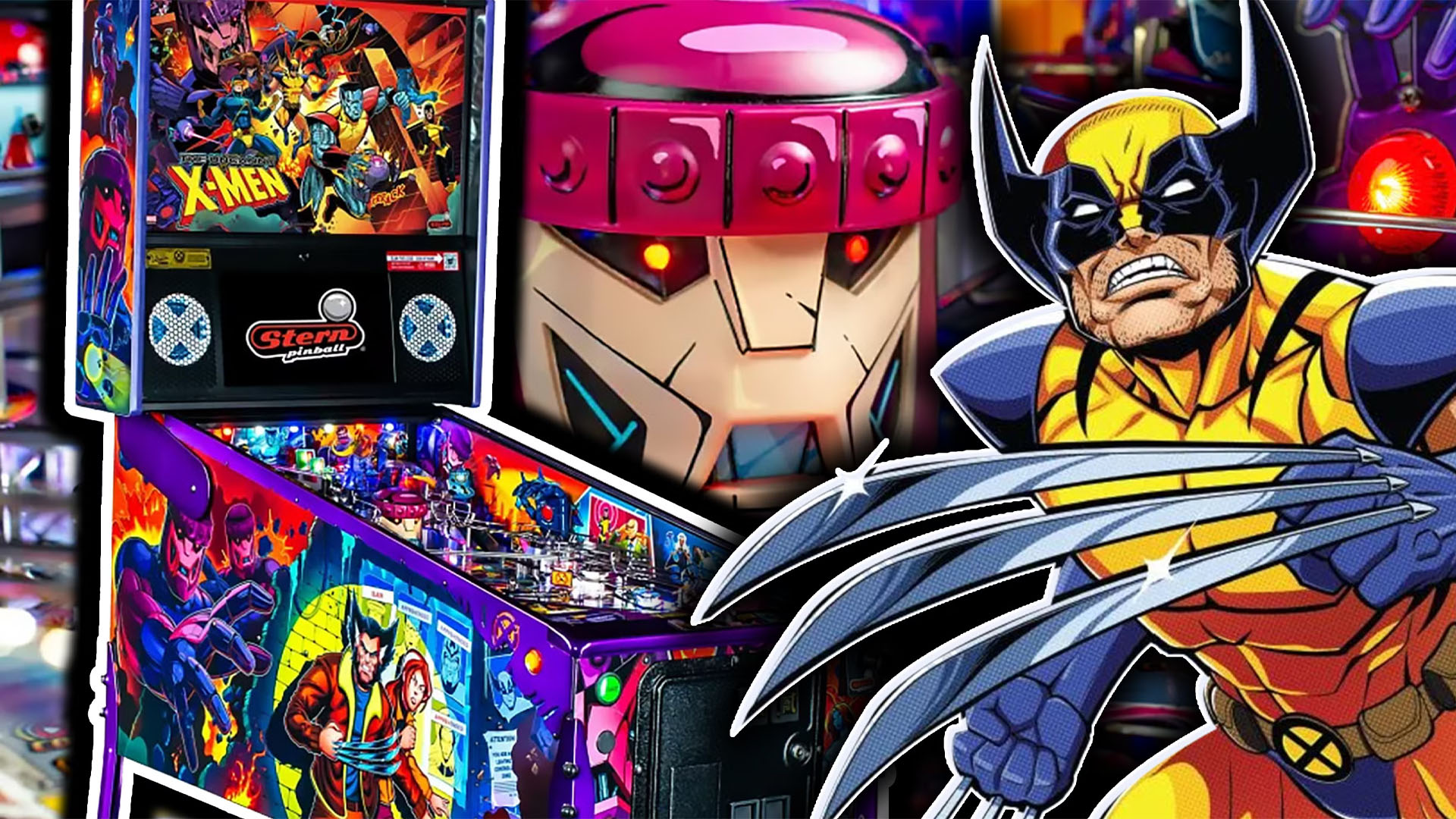 X-Men pinball game and a cartoon wolverine